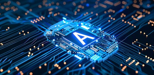 Poster - Artificial intelligence logo on a digital microchip within a futuristic motherboard