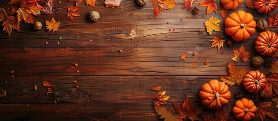 Wall Mural - Autumn themed arrangement with pumpkins and leaves on a rustic brown wooden backdrop suitable for a copy space image