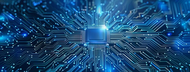 Poster - Close-up of a blue circuit board with central processor, representing modern technology and futuristic concept