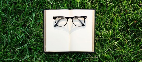 Poster - a blank book and glasses placed on grass with a space for additional text in the image