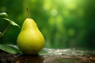 Wall Mural - Single ripe pear with morning dew drops against a serene green bokeh background