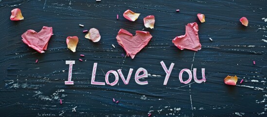 Poster - a handwritten i love you message on small paper pieces set against a blackboard background with copy
