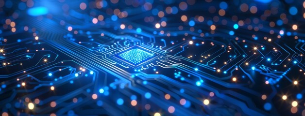 Poster - Close-up of blue circuit board with glowing connections, technology background