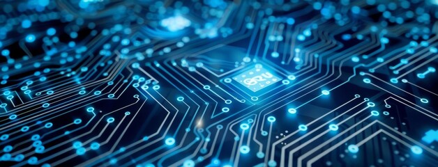 Poster - Blue circuit board background with glowing electronic components
