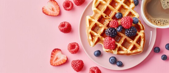 Heart shaped Valentine s Day waffles paired with berries and a coffee latte mug placed on a pink background providing a perfect copy space image for a sweet and delicious breakfast idea for occasions