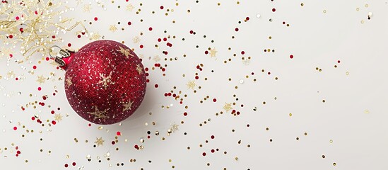 Wall Mural - Festive banner with a fashion style red and gold New Year glitter ball ornament on a white background with a copy space image