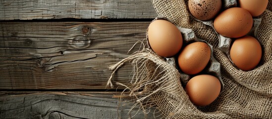 Canvas Print - A rustic wooden backdrop hosts organic eggs in a copy space image