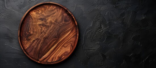 Sticker - Wooden plate showcased against a black backdrop with a copy space image