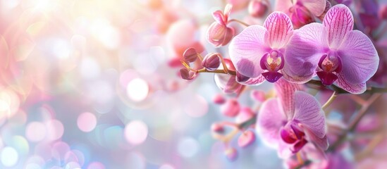 Wall Mural - Close up shot of a stunning orchid flower branch on a blurred background creating a perfect copy space image