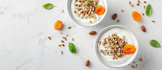 Poster - Web banner featuring two bowls of natural yogurt with apricot pieces granola and pine nuts on a light background including copy space image