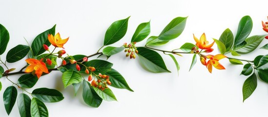 Poster - Isolated on a white backdrop a tropical image displaying vivid green leaves and fiery branches provides an elegant copy space image