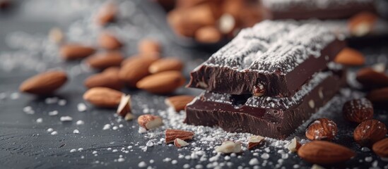 Sticker - A chocolate bar topped with almond shards and powdered sugar displayed in a copy space image