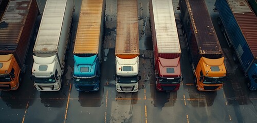 Aerial view of colorful cargo trucks parked in a row at an industrial lot