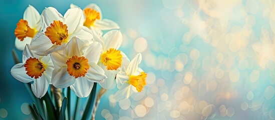 Poster - Easter themed background featuring a bouquet of daffodils on a white and blue backdrop with a designated area for adding an image. Copy space image. Place for adding text and design