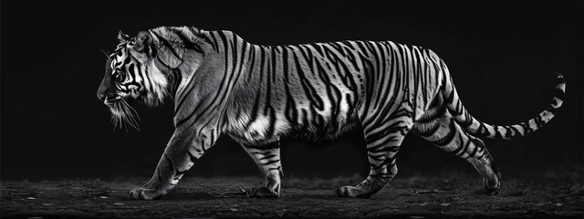 Poster - Black and white photo of tiger walking on black background, detailed vector illustration in the style of full body, wide angle, high resolution, high quality