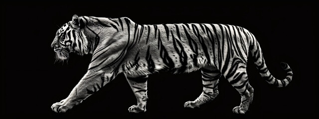 Poster - Black and white photo of tiger walking on black background, detailed vector illustration in the style of full body, wide angle, high resolution, high quality