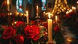 © Fitriyani - Church decorated for Christmas. Beautiful Christmas setting in church with burning candles, red roses and green thorn branches.
