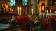 © Fitriyani - Church decorated for Christmas. Beautiful Christmas setting in church with burning candles, red roses and green thorn branches.