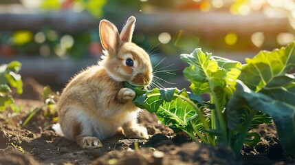 Cute bunny nibbling on a leafy vegetable in a sunny garden