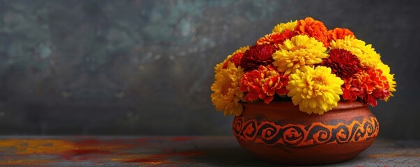 Poster - Vibrant Marigold Bouquet in Rustic Clay Pot