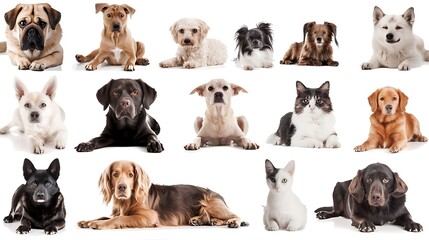 Wall Mural - Digital collage of cute pets on a white background, perfect for pet shop and veterinary use