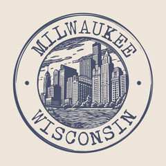 Sticker - Milwaukee, Wisconsin Stamp City Postmark. Silhouette Postal Passport. Round Vector Icon. Vintage Postage Design.