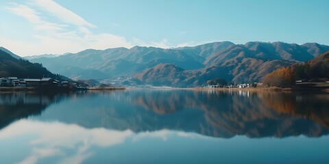 Wall Mural - Timelapse Animation of a Japanese Village by a Lake and Mountains in 4K. Concept Timelapse, Animation, Japanese Village, Lake, Mountains