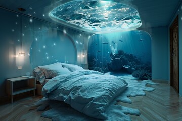 3d rendering of a bedroom with a view of the ocean floor featuring fishes swimming above the bed