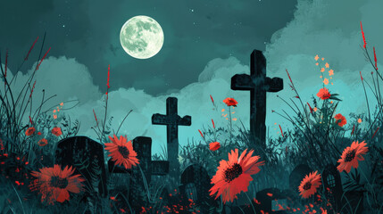 Wall Mural - abstract, minimalist depiction of a moonlit graveyard with crosses and flowers, using a limited color palette to evoke a serene and reflective mood of the Day of the Dead