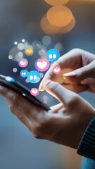 Poster - Hands using a smartphone with floating social media icons. Concept of online interaction and digital communication. Ideal for social networking and technology themes

