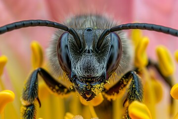 Wall Mural - Bumblebee is covered in pollen while gathering nectar from a flower