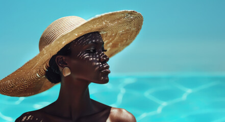 Wall Mural - Portrait of a beautiful young woman in a big straw hat in a swimming pool