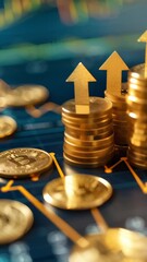 Poster - Stacks of golden coins with upward arrows on a financial chart background. Concept of economic growth, investment, and cryptocurrency. Ideal for finance, economy, and investment themes
