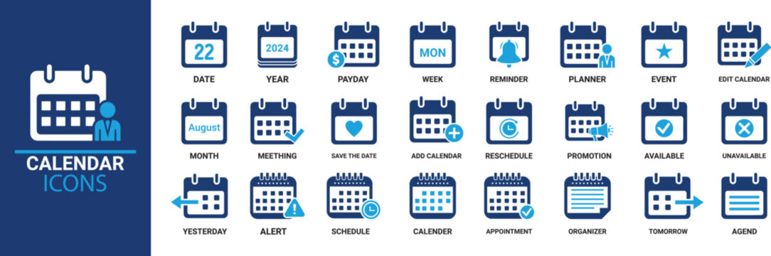 Calendar icon set. Containing date, schedule, month, week, appointment, agenda, organization and event icons. Solid icon collection. Vector illustration.