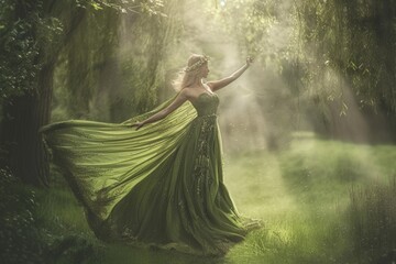 A woman in a flowing green gown and floral crown dances in a sun-drenched forest, her movements graceful and ethereal