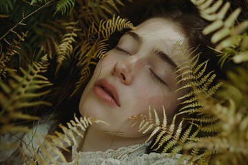 Wall Mural - A young woman lies peacefully amidst a bed of ferns, her eyes closed in slumber