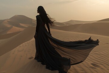 A woman in a flowing black gown stands on a sand dune, her hair and gown billowing in the wind as she gazes out at the vast desert landscape