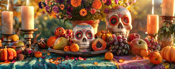 Vibrant Dia de Muertos Offerings: Day of the Dead Holiday Wallpaper in Soft Hues with Realistic Elements