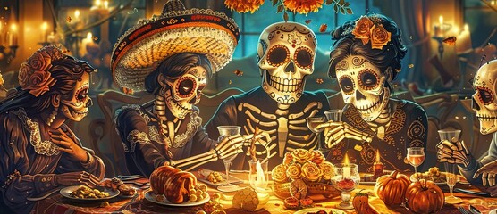 Illuminated Altar for Dia de Muertos: Family Sharing Stories in Watercolor Style on Day of the Dead Holiday