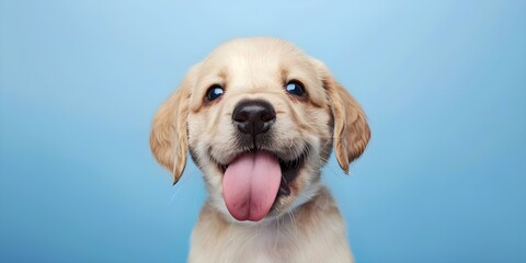 Wall Mural - Adorable and Hungry Puppy with Tongue Out on Blue Background. Concept Dog Photography, Pet Portraits, Cute Animals, Tongue Out, Blue Background