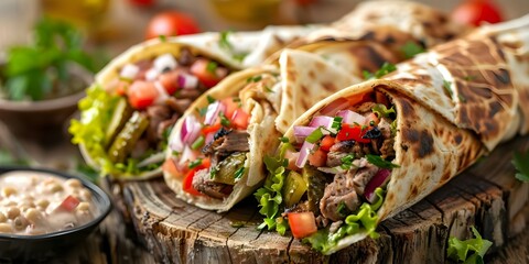 Wall Mural - Delightful Fast Food Shawarma with Pickles and Hummus on a Rustic Wooden Board. Concept Food Photography, Shawarma, Pickles, Hummus, Rustic Wooden Board