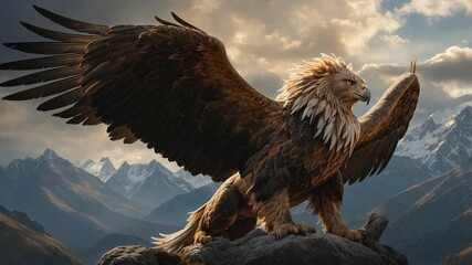 Poster - AI generated illustration of a hybrid creature with eagle wings and a horse body in mountains