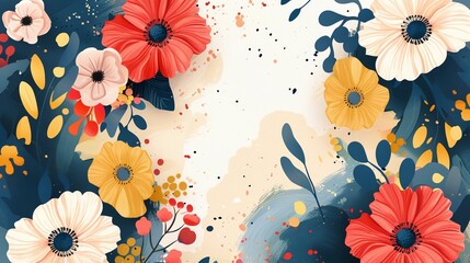 Sticker - a floral background with red, white and blue flowers and leaves