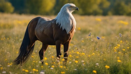 Wall Mural - ai generated illustration of a hybrid creature with a horse's body and an eagle's head in a field