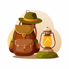 Camping tourist backpack hat kerosene lamp vector illustration cartoon style Concept of travel (2)