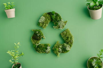 An illustration of the recycling symbol made from green moss and plants, on green background