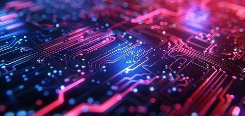 Poster - Close-up of a colorful, illuminated circuit board with glowing lines and intricate details, representing advanced technology and connectivity.