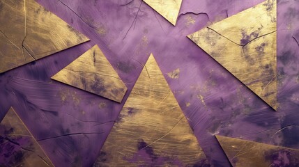 Wall Mural - Violet grunge texture and golden triangles abstract geometric background. Generative AI