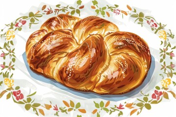 Round challah bread on a festive tablecloth with embroidery of Jewish symbols Illustration on a clear white background --ar 3:2 --style raw Job ID: e09a9d44-b80d-4983-9db2-60f3b41f0a4b