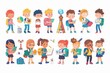 © Jennie Pavl - School students vector characters set. Back to school classmates elementary student characters in education activities like presenting and playing.